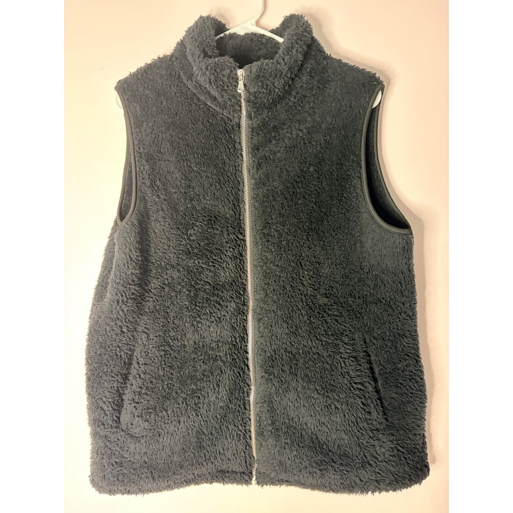 LOMON Womens Black Fuzzy Fleece Full Zip Vest Mock Neck XL